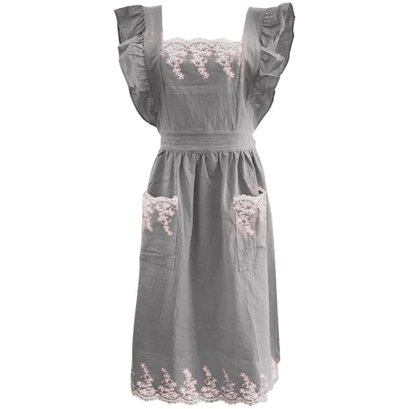 Feiyue - Tablier de femme de chambre vintage à volants avec deux poches, cadeau de cuisine - gris