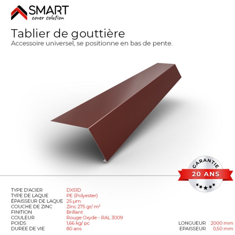 Tablier de gouttière - bac acier - tôle de couverture - Toiture - Coloris Rouge Oxyde ral 3009 L=2m, épaisseur 0.50mm