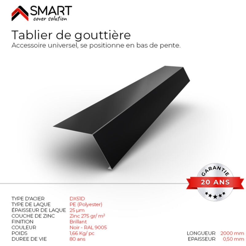 Tablier de gouttière - bac acier - tôle de couverture - Toiture - Coloris Noir ral 9005 L=2m, épaisseur 0.50mm