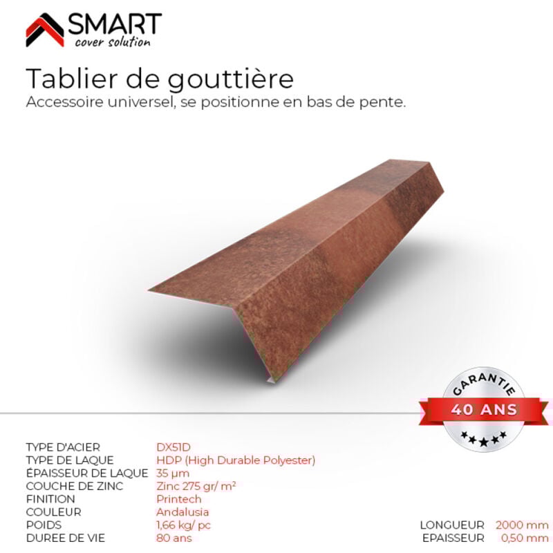 Tablier de gouttière - bac acier - tôle de couverture - Toiture - Coloris Spanish Roof Andalusia L=2m, épaisseur 0.50mm