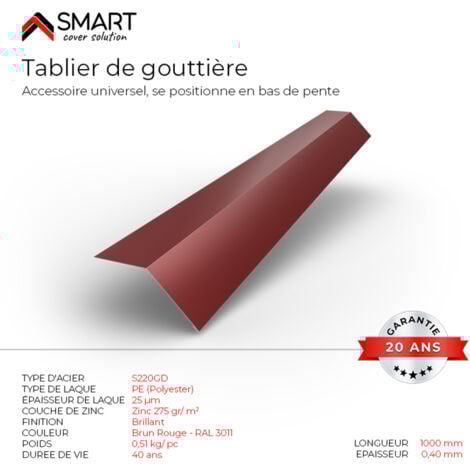 Tablier de gouttière - bac acier - tôle de couverture - Toiture -  H12 Brun Rouge RAL 3011 L=1m
