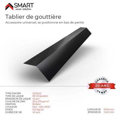 Tablier de gouttière - bac acier - tôle de couverture - Toiture -  H12 Noire RAL 9005 L=1m