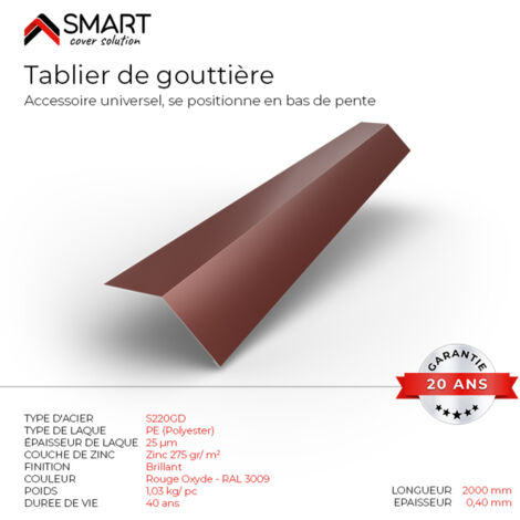 Tablier de gouttière - bac acier - tôle de couverture - Toiture -  H12 Rouge Oxyde RAL 3009 L=2m, épaisseur 0.40mm