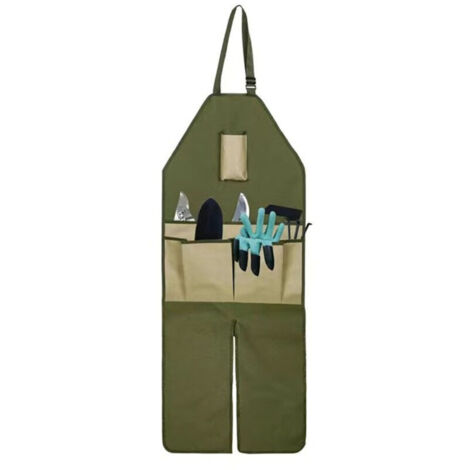 Tablier de jardinage en tissu Oxford 600D imperméable, long et ajustable, avec protection des jambes et multiples poches pour la cueillette et la taille, idéal pour les travaux extérieurs. Vert avec p
