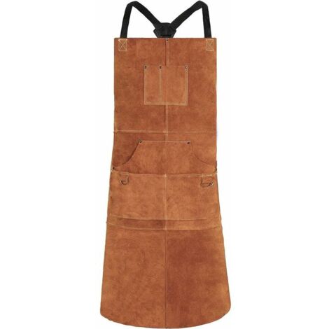 Tablier de Soudure, Tablier de Travail en Cuir de Vachette avec 6 Poches, 24"x 36" Tablier de Cuisine Multifonctionnel, Bretelles Réglables de M à XXL pour Hommes et Femmes (Marron)