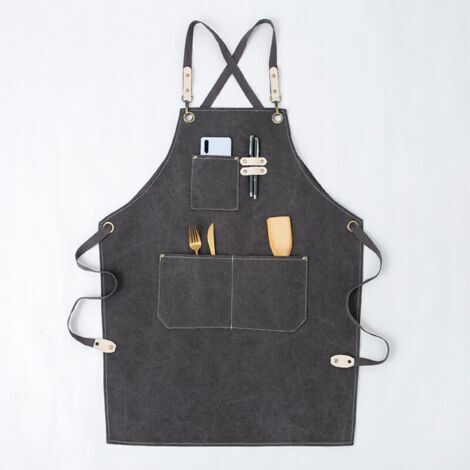 Tablier de travail homme/femme, tablier de cuisine, sangle en toile réglable avec 3 poches, tablier de charpentier pour barbecue, boulanger, charpentier, tatoueur, coiffeur, barista, peintre - Gris