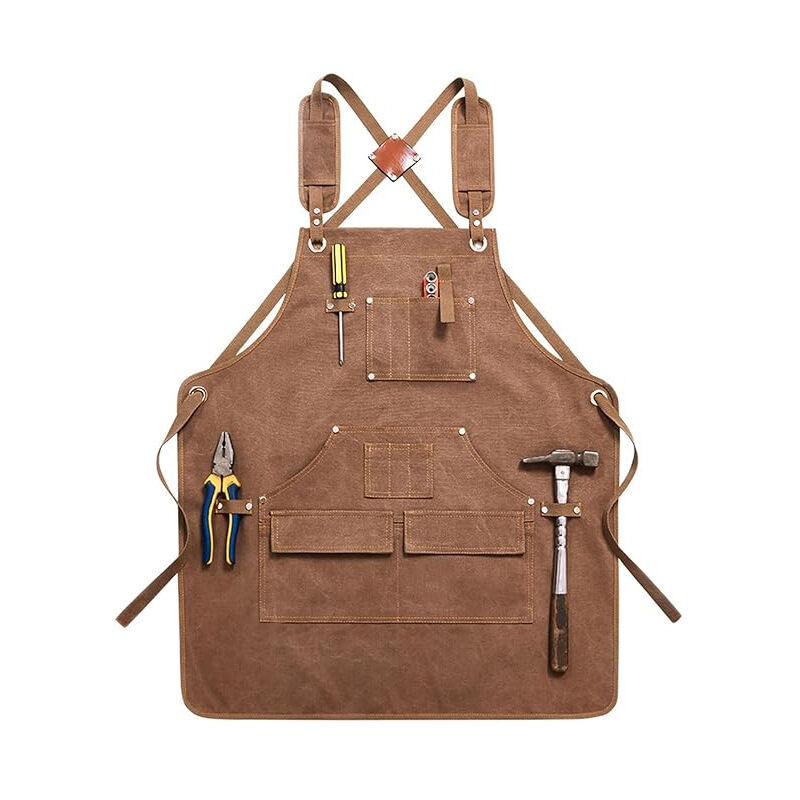 Tablier de travail homme,tablier de menuisier homme,tablier de soudeur,tablier atelier croisé avec poches ，pour jardin（Brun）