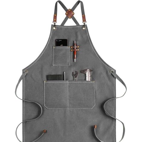 Tablier en toile de coton imperméable – Gris – Version AA améliorée – Pour cuisine et bricolage