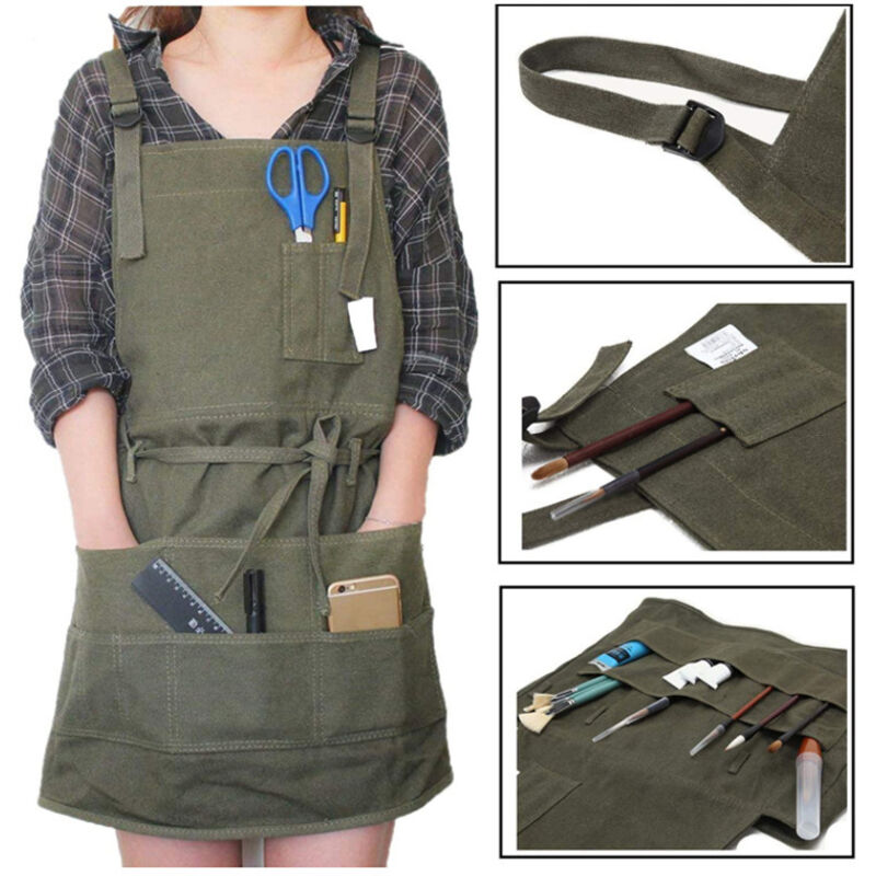 Tablier Tablier Professionnel en Toile avec Poches Femme Homme Adulte, Vert Armée, Ajustable(71×95cm)