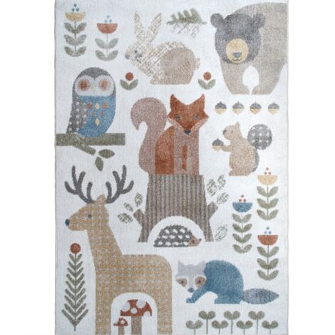 TABLO FORET - Tapis enfant lavable motif forêt gris jaune 100x150