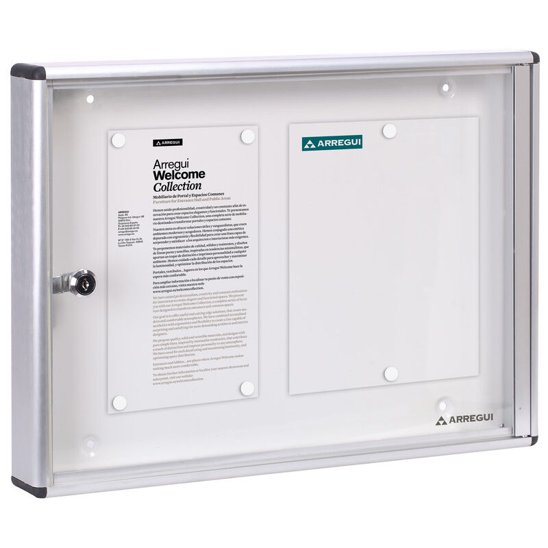 PAN42 Panel de Anuncios de aluminio con capacidad para 2 hojas din A4, con cerradura de llave, plata - Arregui
