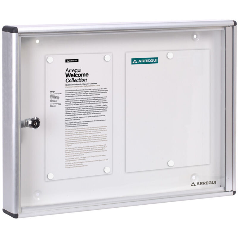 PAN42 Panel de Anuncios de aluminio con capacidad para 2 hojas din A4, con cerradura de llave, plata - Arregui