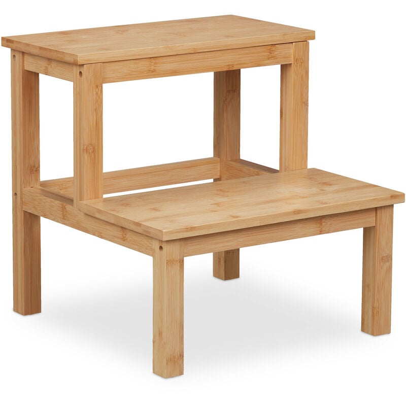 Tabouret, 2 marches, en bambou, charge maximale : 100 kg, enfant, quotidien, hlp : 40 x 40 x 40,5 cm, nature - Relaxdays