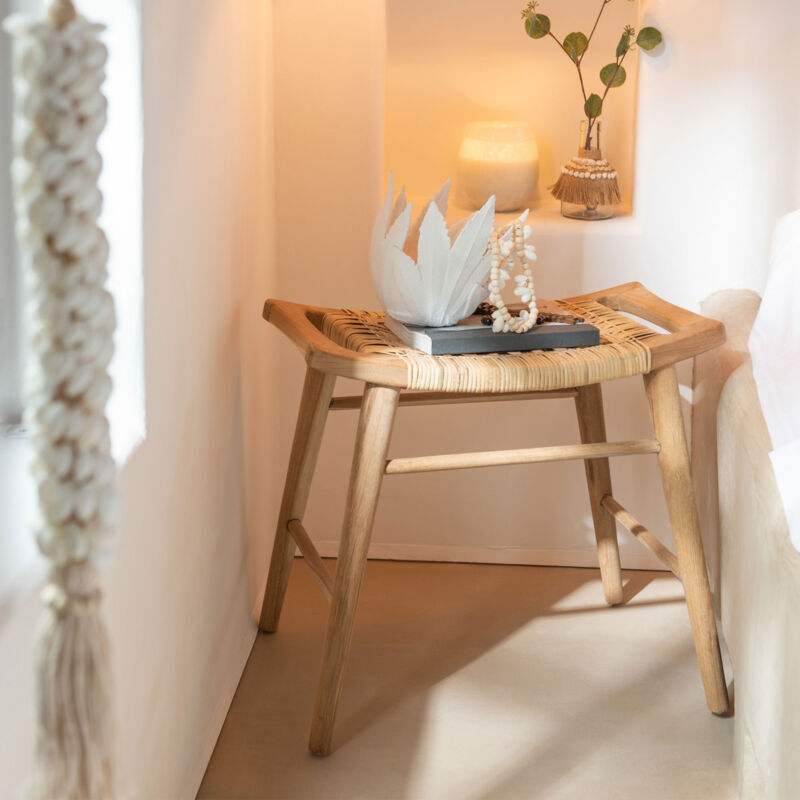 Tabouret 55x35x47 cm en teck et rotin naturel