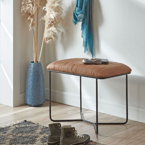 Tabouret 60x38x48 cm avec revêtement en cuir marron et métal noir
