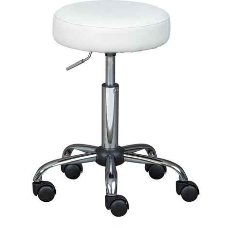 Tabouret à roulettes 33x33x50/66 cm en PU blanc et métal