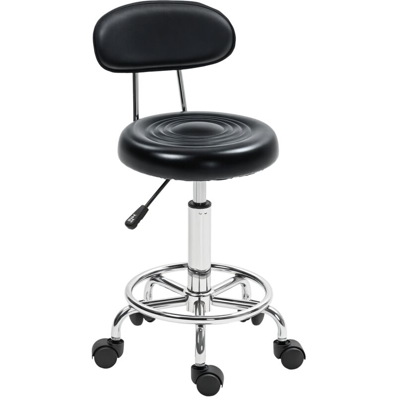 Tabouret à roulettes - HOMCOM - hauteur réglable, dossier et repose-pieds, pivotant 360° - cadre en acier - 32x40x70-86cm - noir