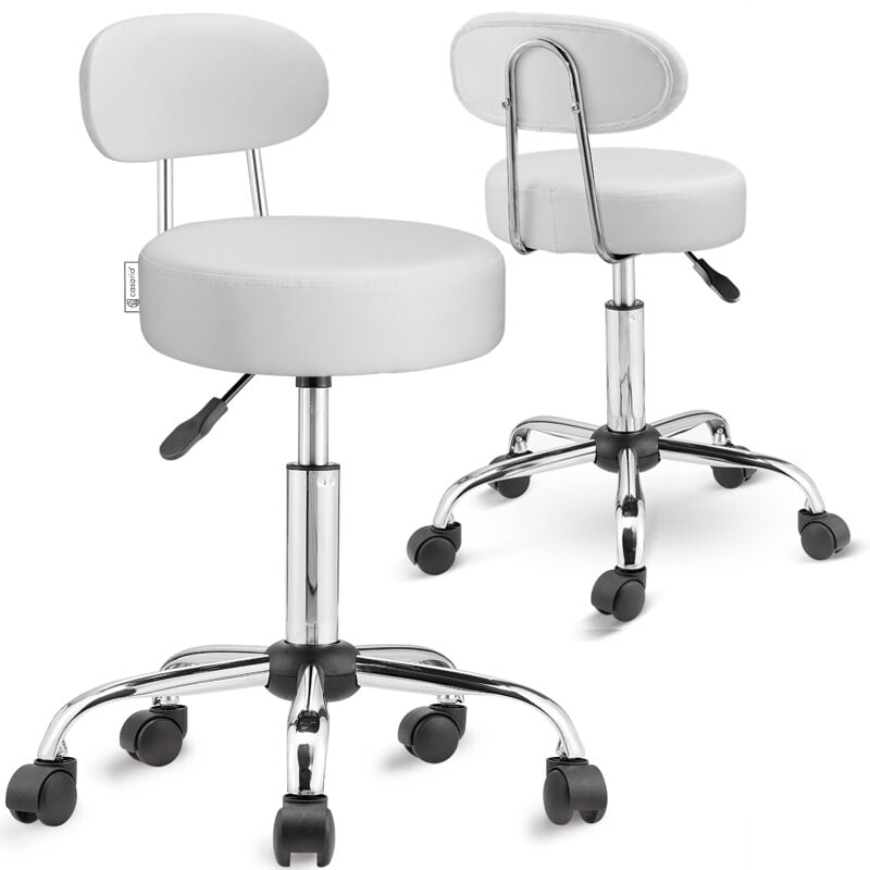 Tabouret à roulettes avec dossier confortable pivotable 360° réglable en hauteur avec repose-pieds bureau Set de 2 Blanc - Casaria