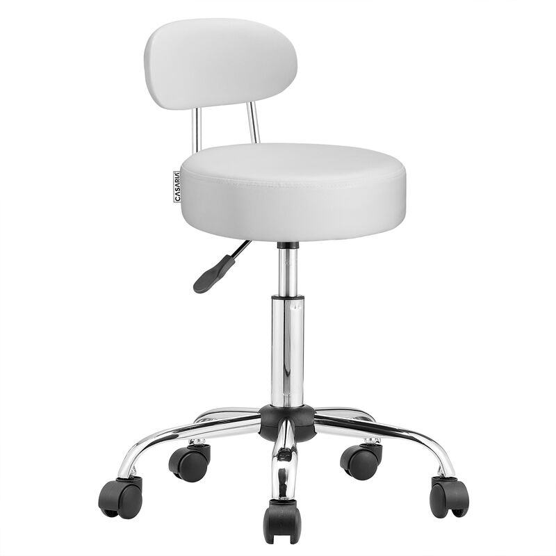 Tabouret à roulettes avec dossier confortable pivotable 360° réglable en hauteur avec repose-pieds bureau Blanc - Casaria