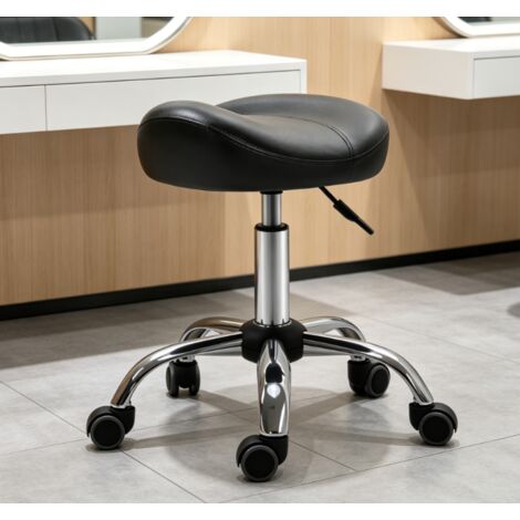 Tabouret à roulettes réglable en hauteur 48x48x54–69 cm, tabouret de travail pivotant, tabouret en similicuir noir pour salons et massage