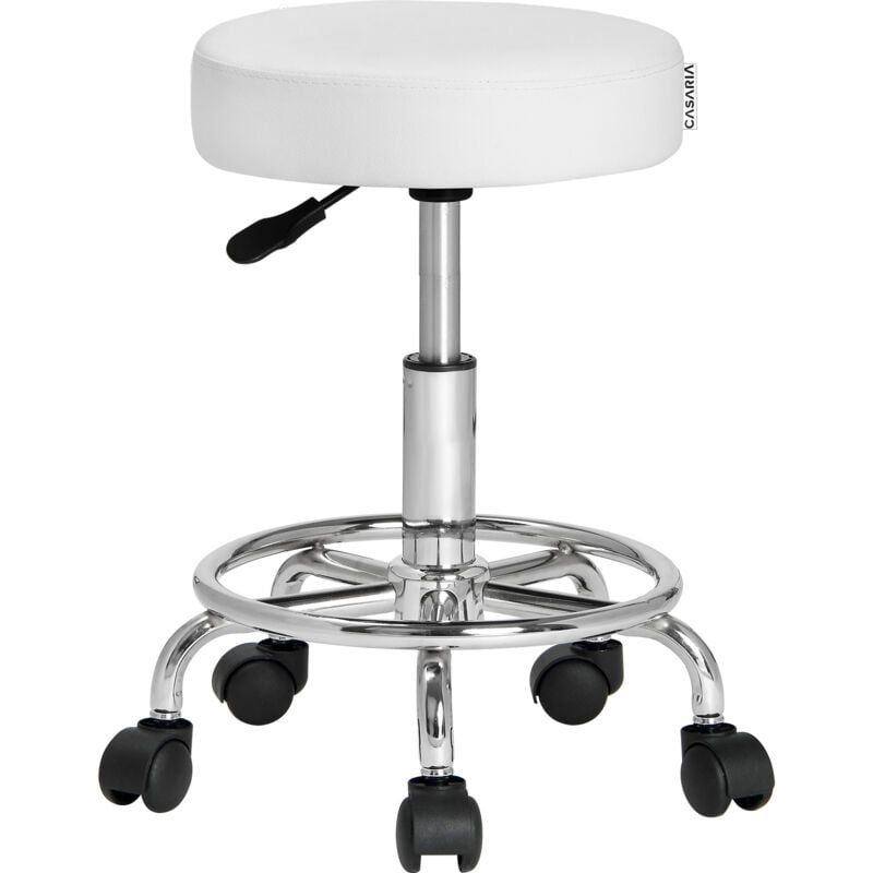 Tabouret à roulettes Siège rembourré pivotant 360° Hauteur réglable Noir blanc Blanc