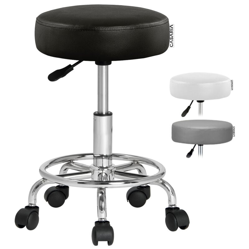 Tabouret à roulettes Siège rembourré pivotant 360° Hauteur réglable Noir blanc Noir