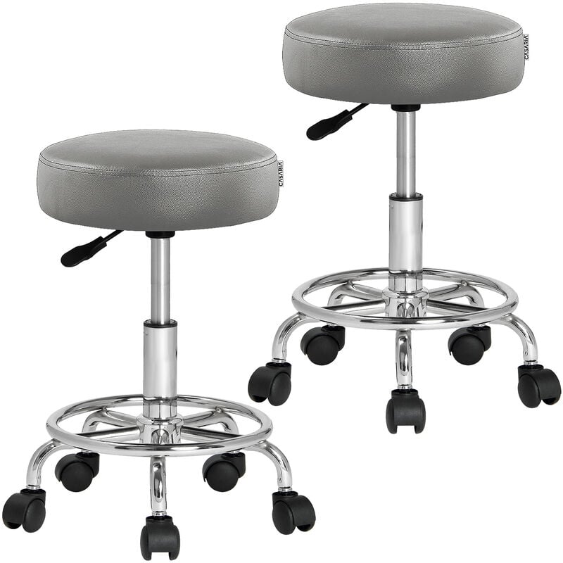 Tabouret à roulettes Siège rembourré pivotant 360° Hauteur réglable Noir blanc Set de 2 Gris