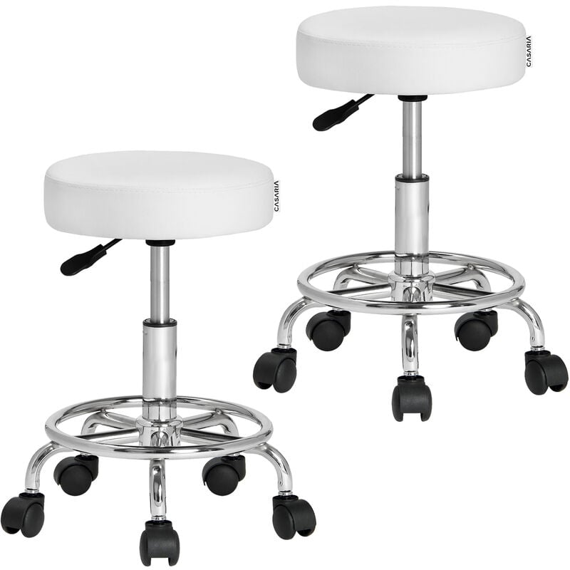 Tabouret à roulettes Siège rembourré pivotant 360° Hauteur réglable Noir blanc Set de 2 blanc