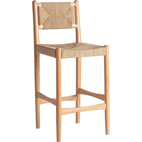 Tabouret Agia en teka et chanvre marron design - Marron teka naturel avec assise chanvre
