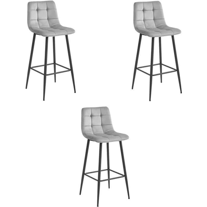 Tabouret ARCETO - velours gris argenté / pieds noirs x 3