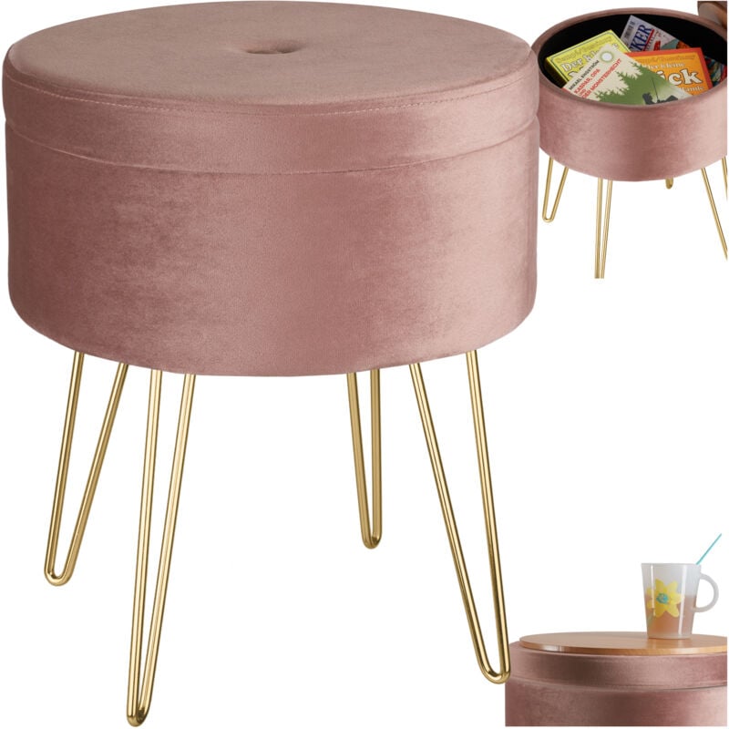 Tectake - <strong>tabouret</strong> avec coffre de rangement aspect velours transformable ava <strong>tabouret</strong> bas, rond, design rose