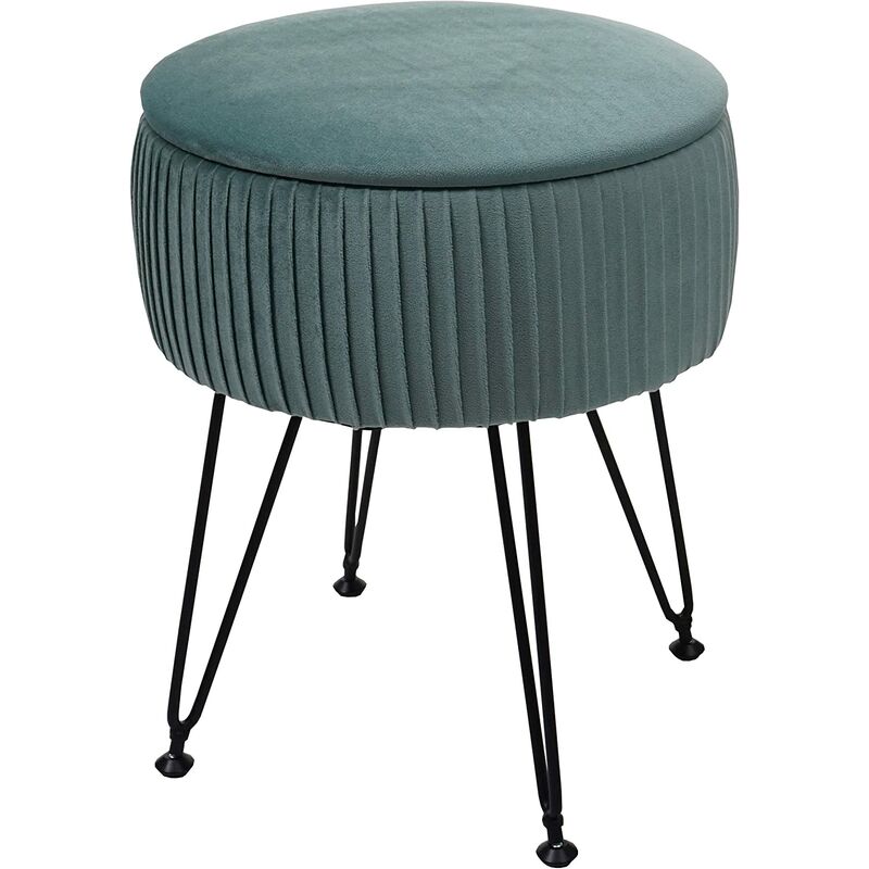 Tabouret avec compartiment de rangement ø 33cm aspect velours vert clair cadre noir TABO04015