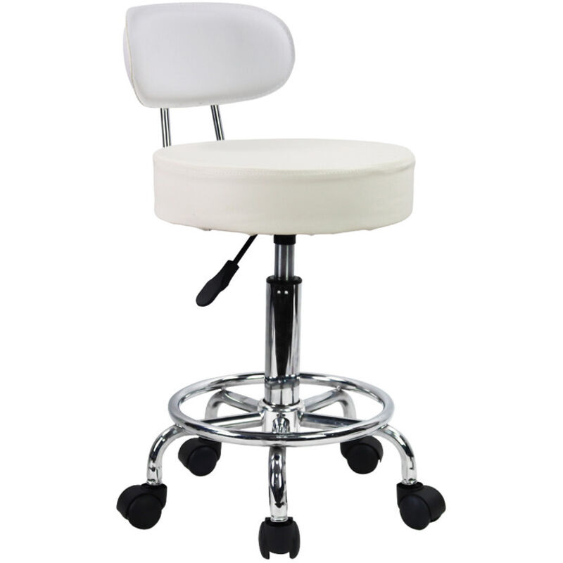 Tabouret de bureau pivotant réglable en hauteur – Siège ergonomique 8 cm – 5 roues à roulement doux – Cuir synthétique durable – Blanc – Kktoner