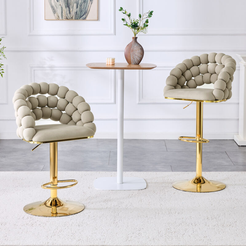 Tabouret bar Chaises Bar 52x38x112cm Lot de 2 Réglable Hauteur 65 à 112cm Pivotante à 360° Pieds métal doré Bar familial Salle à manger Velours Gris