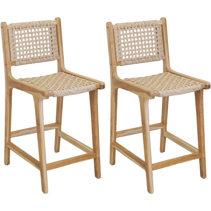 Aubry Gaspard - Tabouret bar en teck naturel et cannage baia (Lot de 2) Hauteur 100 cm