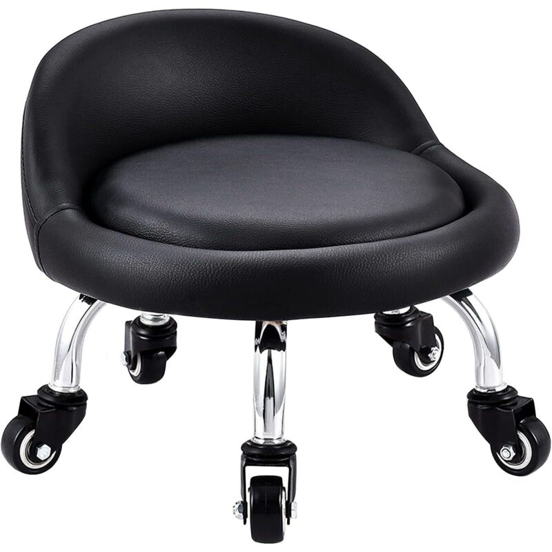 Ersandy – Tabouret bas avec roulettes – Dossier simili cuir – Siège 22cm diamètre – 5 roues pivotantes 360° – Pour bureau à domicile ou fitness