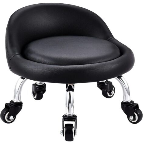 Tabouret Bas avec Roues, Mini Tabouret à roulettes Pied Bas, Dossier Simili Cuir Siège Faible Métal Piétement, 360° Banc Rond en Cuir avec 5 Roues pour Le Bureau à Domicile ou Le Fitness(Noir)dyk-alov
