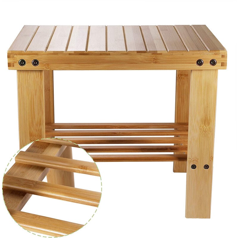 Tabouret Bas en Bamboo Naturel avec Etagère de Rangement pour Enfants et Adultes (322434cm)