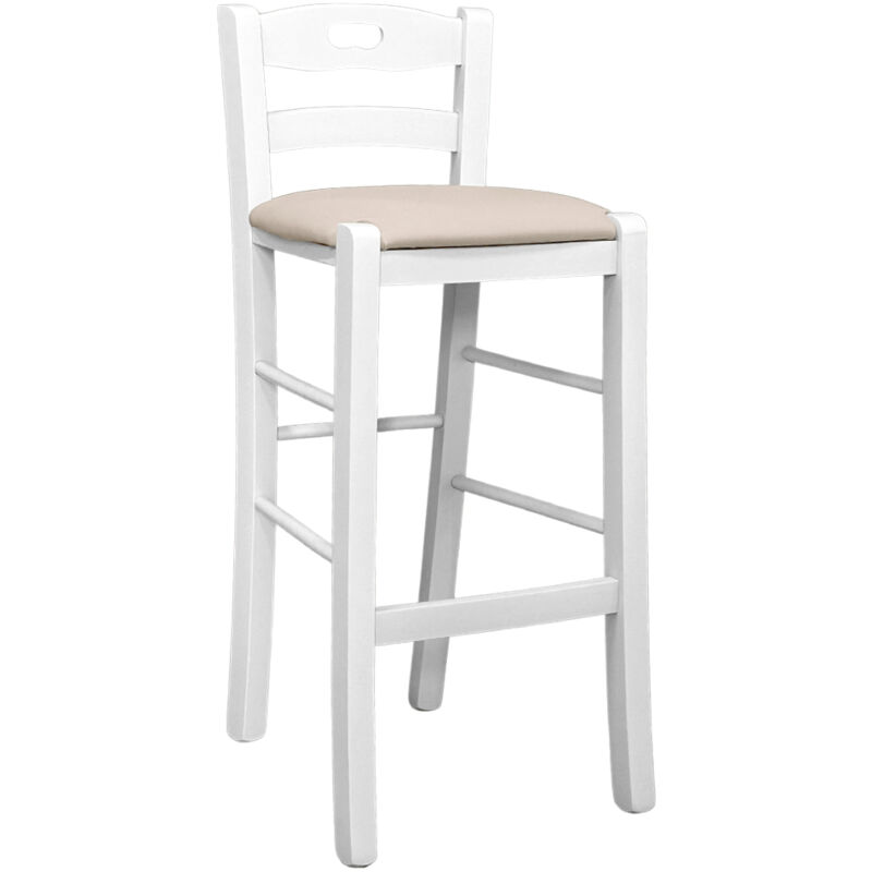 Okaffarefatto - Tabouret bois blanc avec trou dans le dossier h66 siège en éco-cuir beige