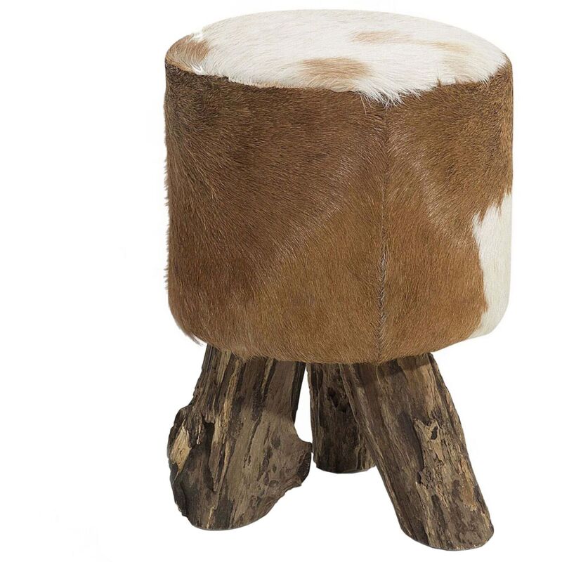 Petit Tabouret Rond Trépied en Cuir de Chèvre Marron Doré et Bois de Teck Kent