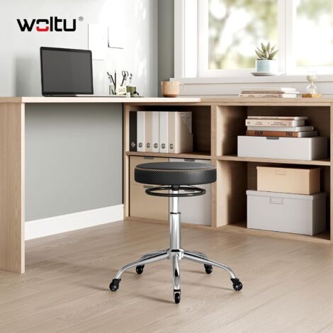 Tabouret Bureau WOLTU, Tabouret roulettes en PU, roulettes en Caoutchouc, Hauteur Réglable, Noir