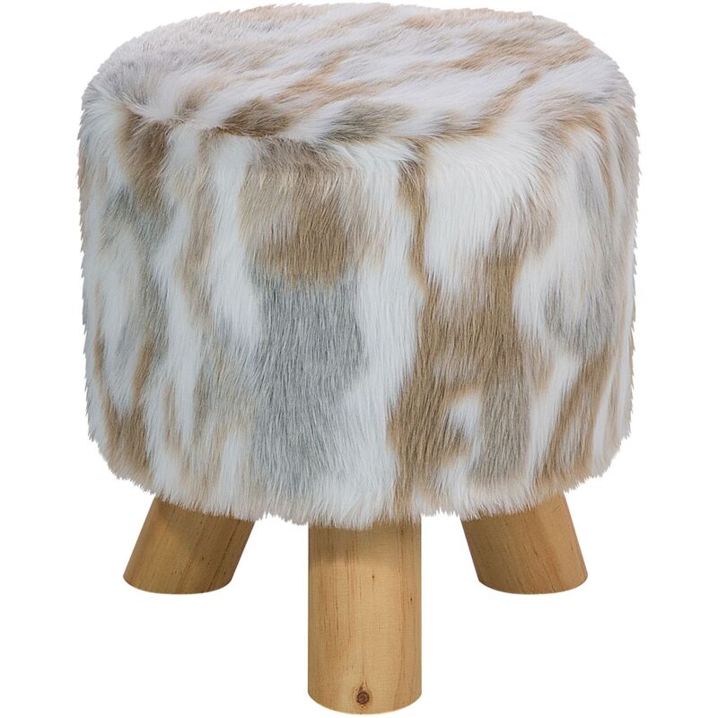 Petit Tabouret en Fourrure Synthétique Gris et Marron Douillet pour Salon Texas