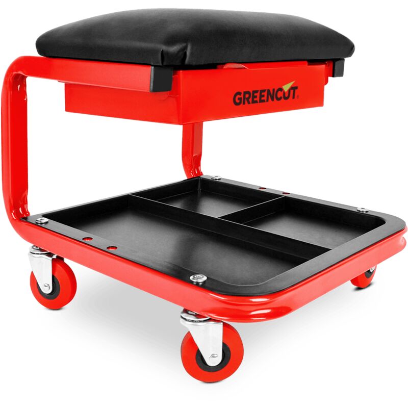 Greencut - Tabouret chaise d'atelier mobile avec tiroir et porte-outils, charge max. 150kg, siège rembourré, couleur rouge-noir MSD90