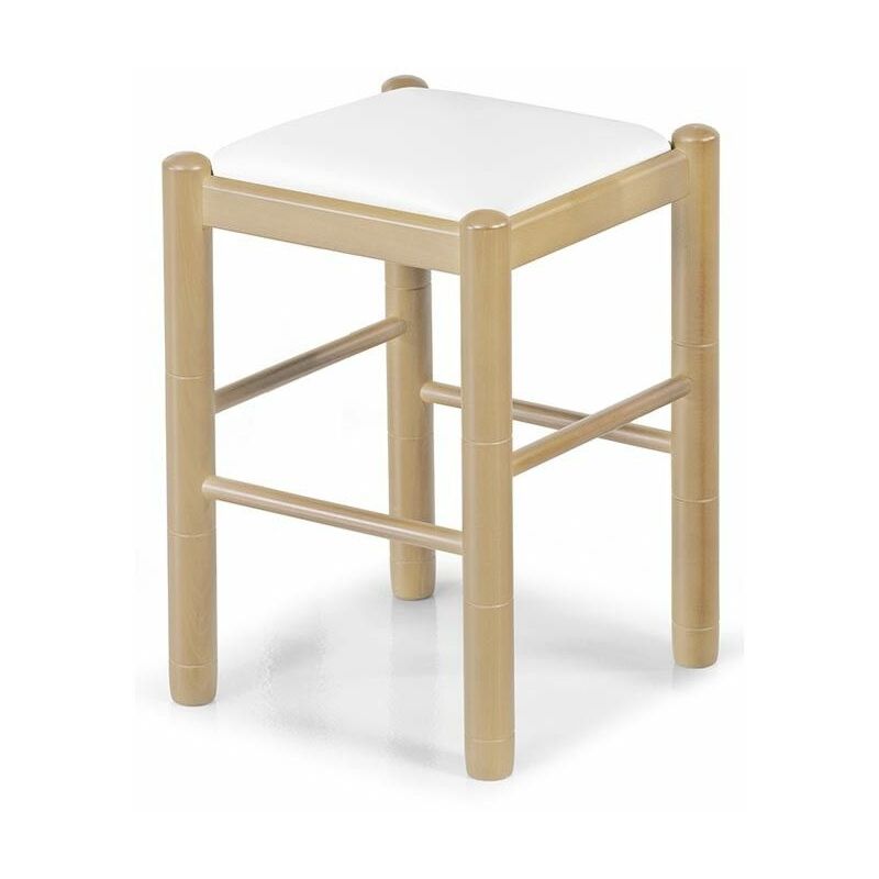 Fanmuebles - Tabouret classique en bois naturel Mónica Revêtement : Similicuir blanc