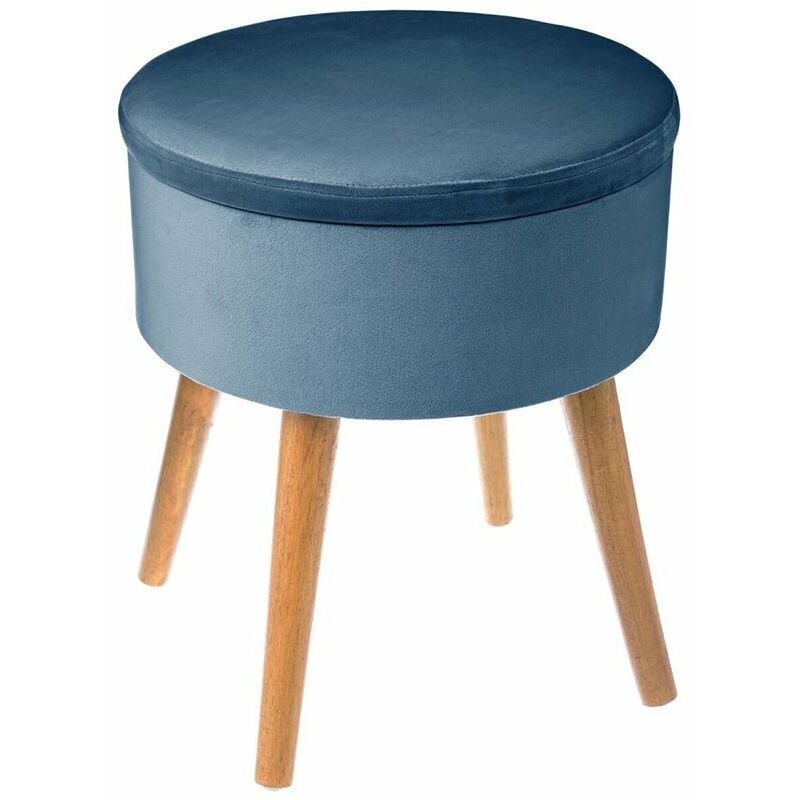 Tabouret Coffre en Velours avec Pieds en Pin 43 cm - Bleu Silumen