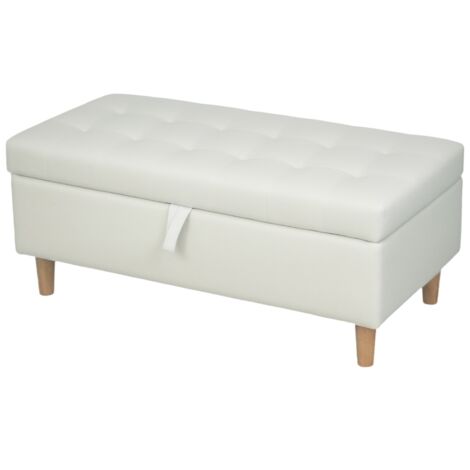 Tabouret coffre rembourré blanc crème avec rangement, pieds en bois, design compact gain de place meuble polyvalent salon chambre décor moderne