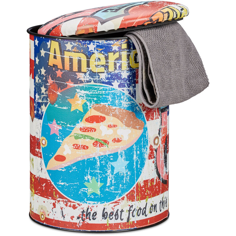 Tabouret cylindre Pizza couvercle Pouf vintage avec rangement coffre jouets enfants HxD: 44 x 32 cm, coloré