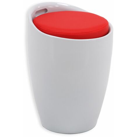 Tabouret DANIEL pouf rond coffre de rangement panier à linge siège avec assise rembourrée rouge, structure en plastique blanc