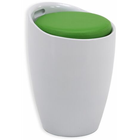 Tabouret DANIEL pouf rond coffre de rangement panier à linge siège avec assise rembourrée vert, structure en plastique blanc