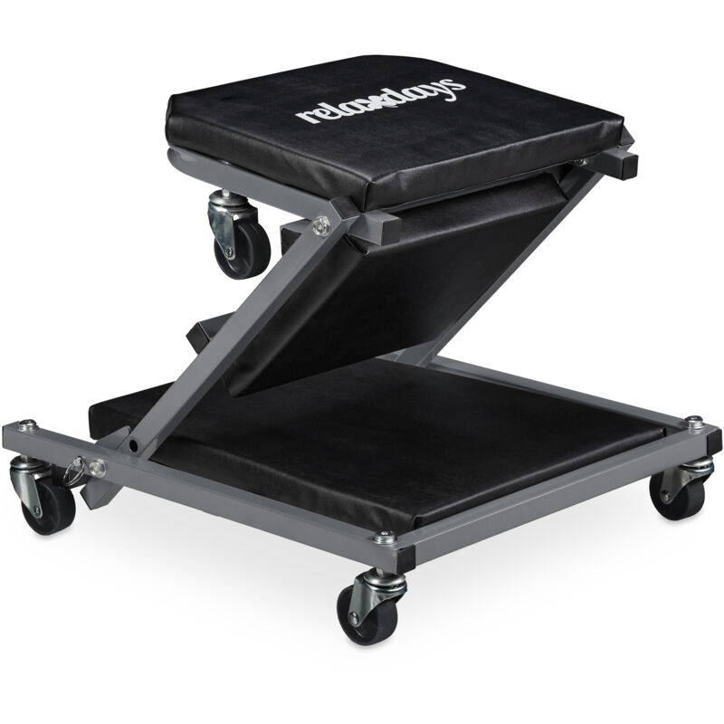 Tabouret d'atelier 2 en 1, chariot de mécanicien, pliable, roues pivotantes à 360°, garage, acier, noir/gris - Relaxdays